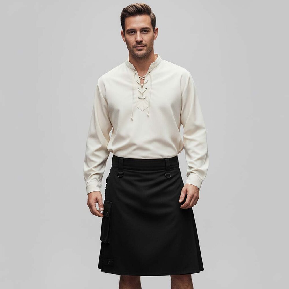 Black Cotton Scottish Utility Kilt Plaid Type Kilt Style Adjustable Straps